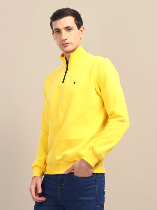 Amswan Men'S Yellow Solid Half-Zip Sweatshirt
