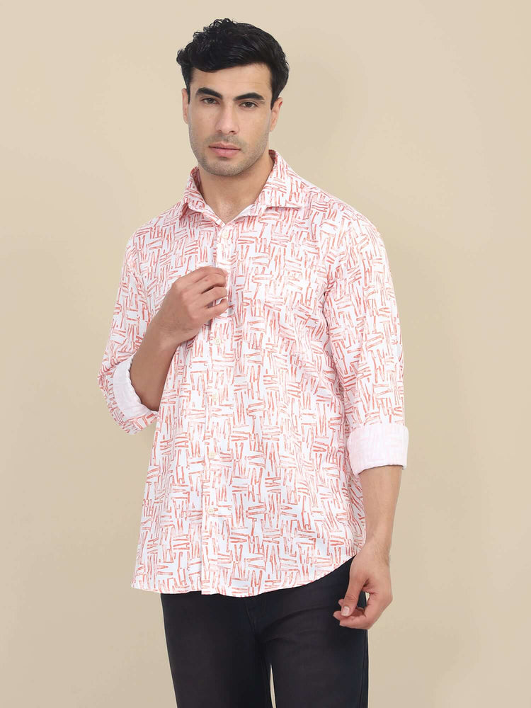 Men'S Poly Satin Lycra Orange Digital Printed Shirt