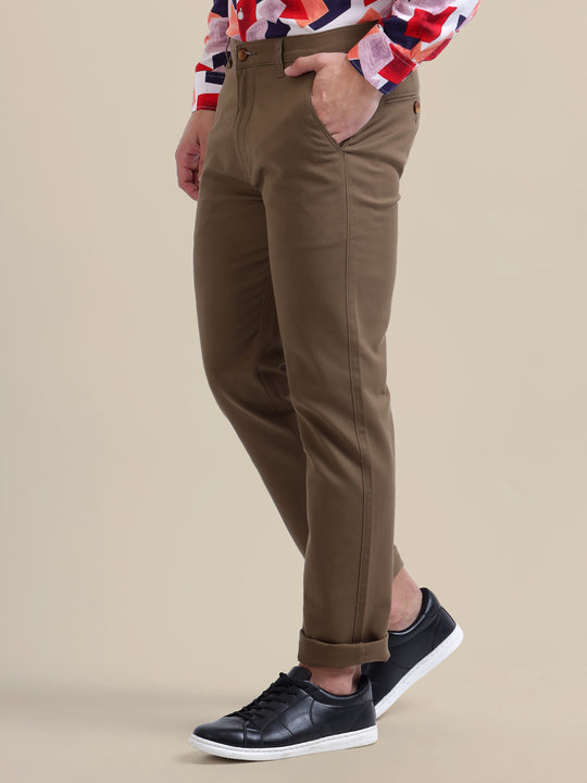 Brown Casual Trousers Solid Cotton Lycra Smart Fit