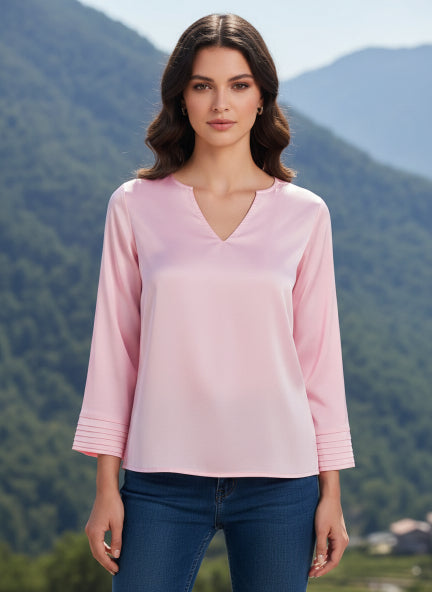 European Satin V Neck Long Sleeve Top