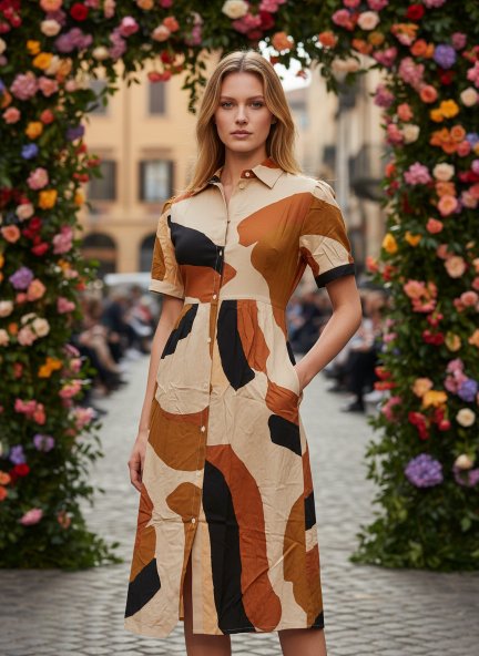 Rayon Printed Puff Sleeve A Line Shirt Dress