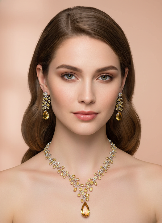 Luxury Golden Champagne Cubic Zirconia Necklace & Earrings Set