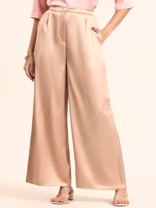 Luxury Satin Wide Leg Pants European Fabric  Peachy Pink Glam Look