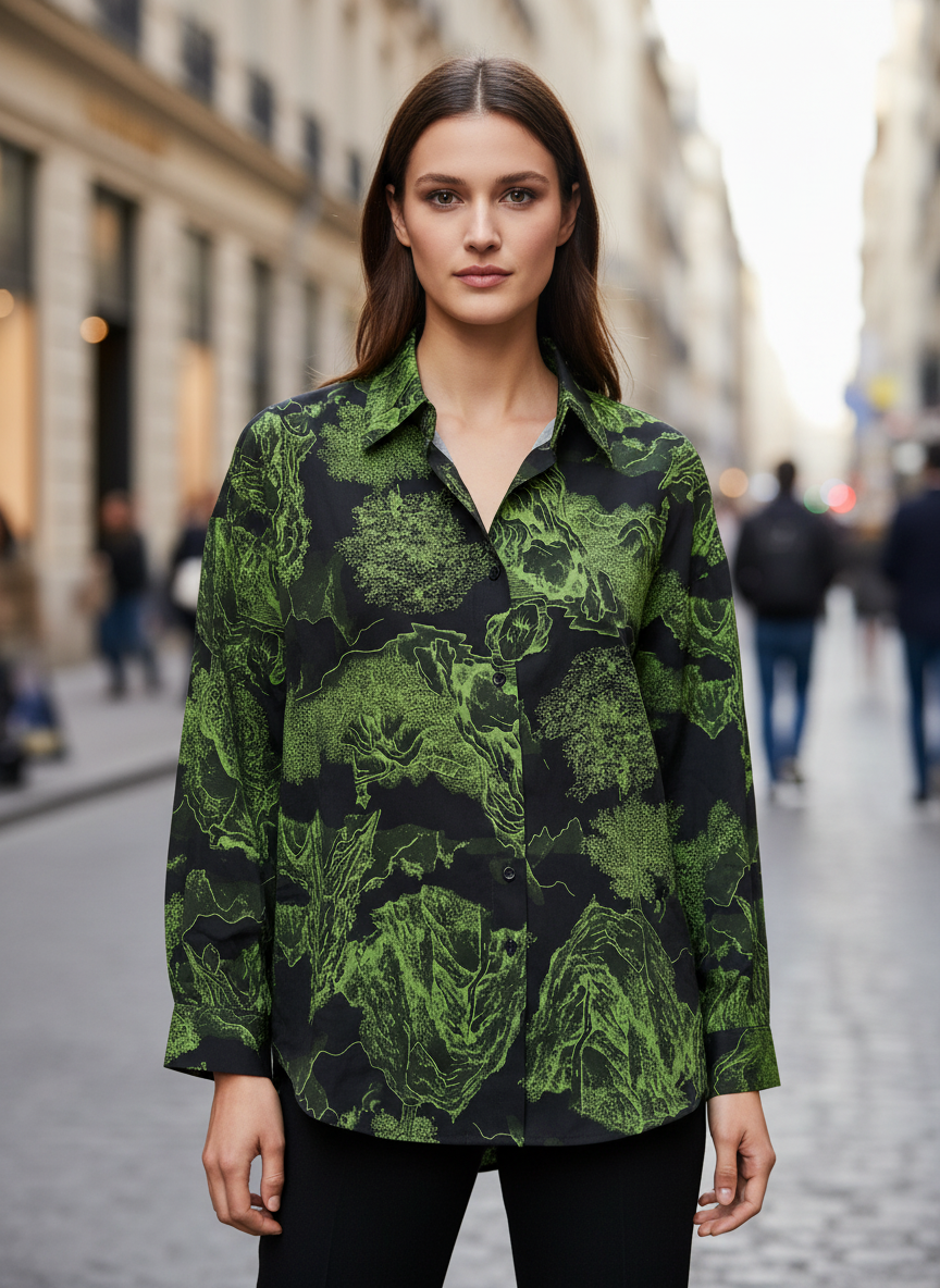 Women's Black & Green Abstract Floral Printed Oversized Shirt
