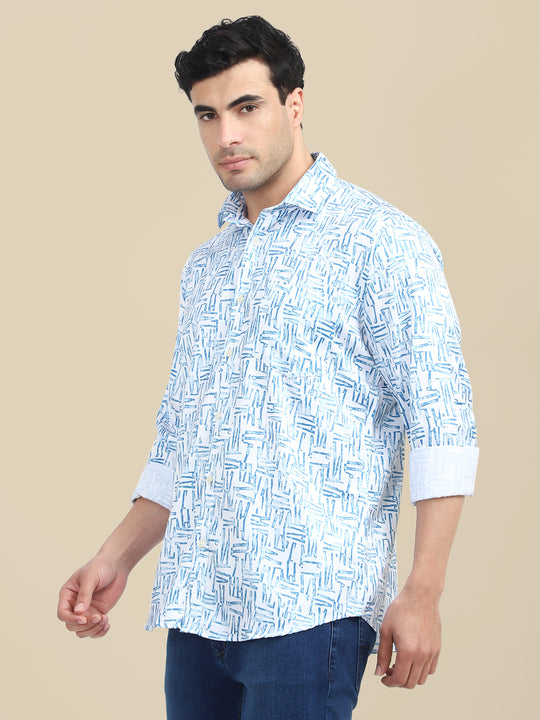 Men'S Poly Satin Lycra Blue Digital Printed Shirt