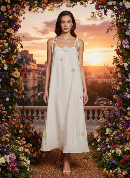 Elegant Floral Embroidered White Maxi Dress