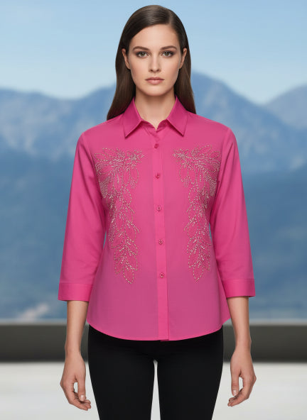 Hot Pink Beaded Floral Linen Shirt