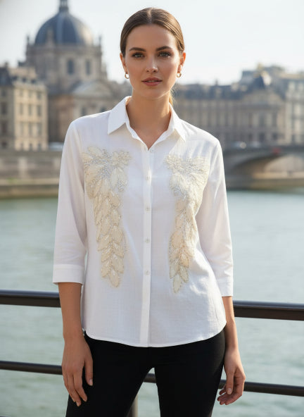 White Beaded Leaf Linen Shirt