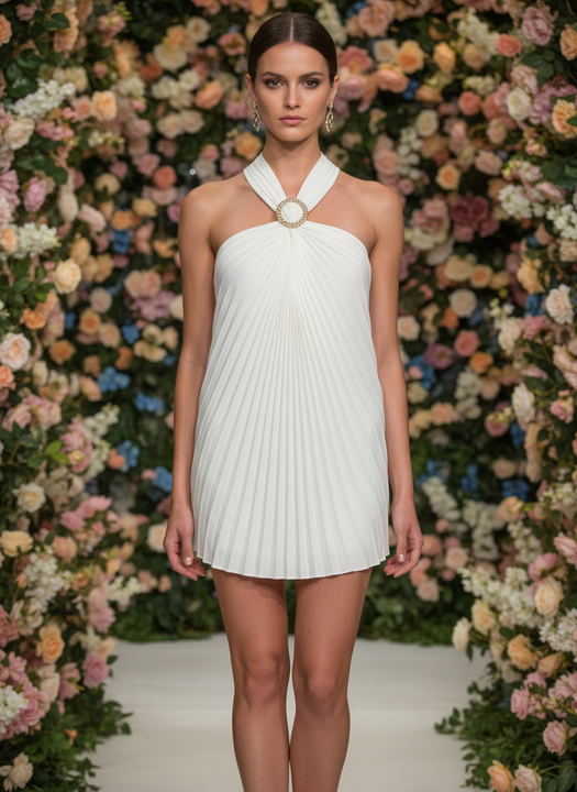 White Pleated Halter Neck Mini Dress with Rhinestone Buckle