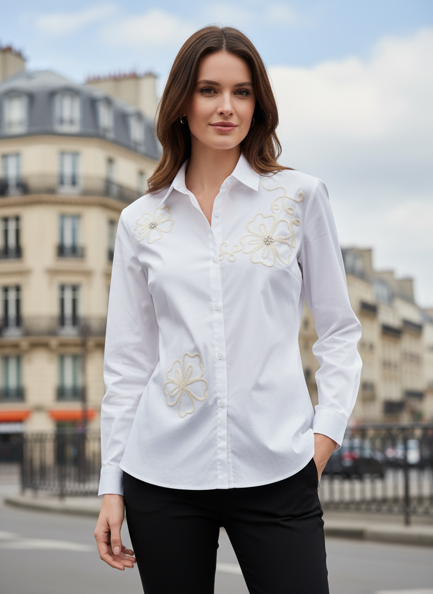 Elegant White Floral Embroidered Formal Shirt
