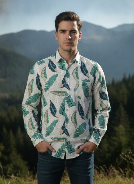 Men'S Premium Rayon Shirt With Classic White & Green Tropical Print