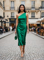 European Satin Emerald Green Midi Dress