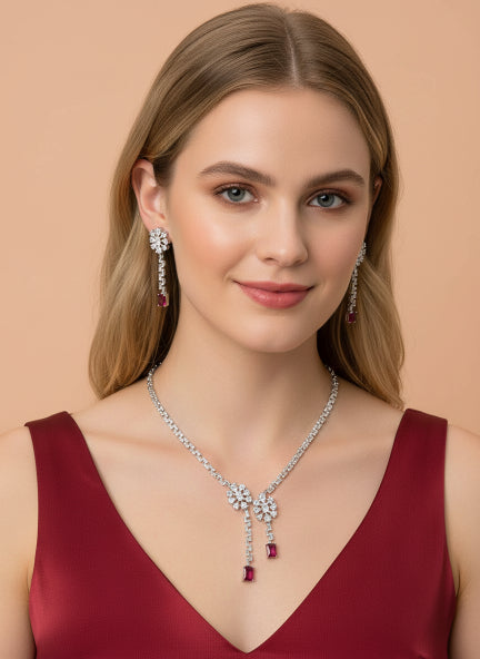 Elegant Ruby Drop Diamond Jewelry Set – Necklace & Earrings