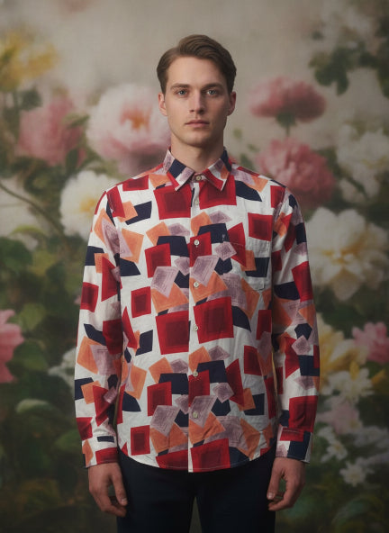 Men'S Premium Rayon Shirt With Red And Blue Print