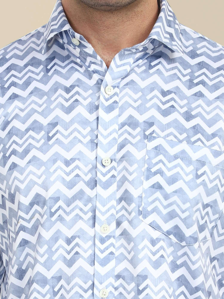 Men'S Poly Satin Lycra Grey Digital Printed Shirt