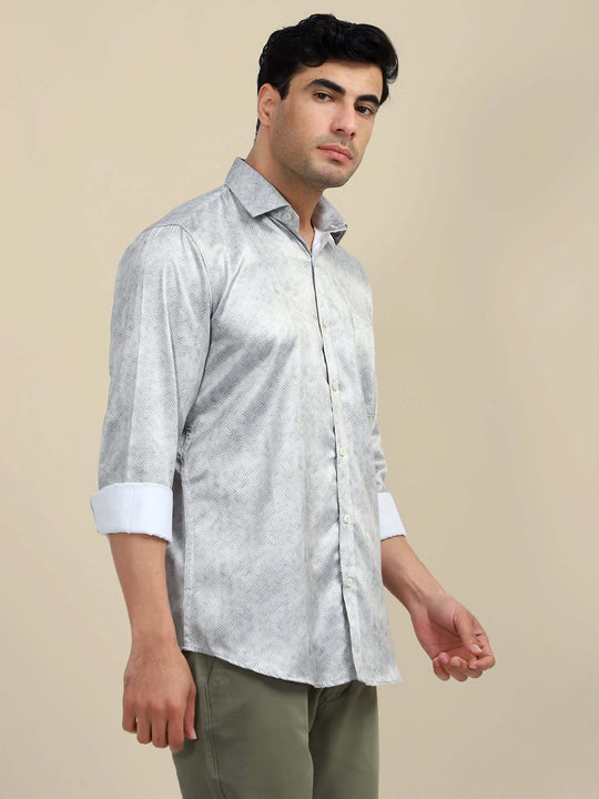 Men'S Poly Satin Lycra Grey Digital Printed Shirt