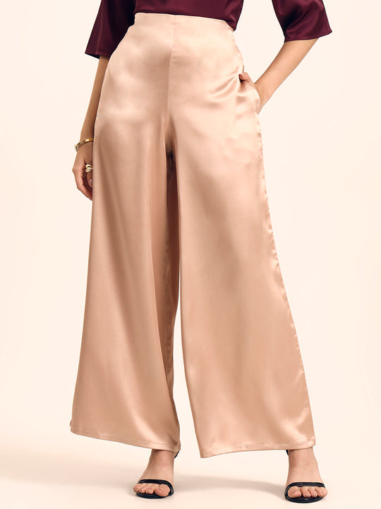 Luxury Satin Wide Leg Pants European Fabric  Rose Sand Glam Look