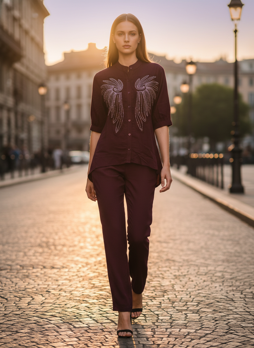 Elegant Burgundy Co-ord Set with Embroidered Detail