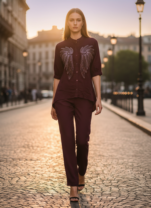 Elegant Burgundy Co-ord Set with Embroidered Detail
