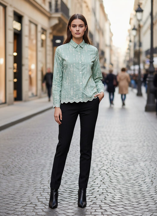 Elegant Mint Green Embroidered Women’s Shirt