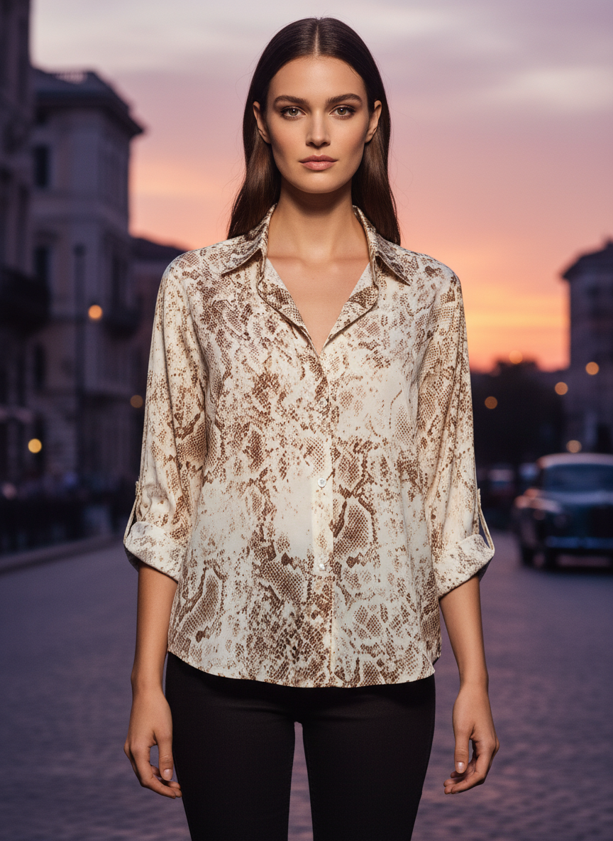 Women's Beige & Brown Snakeskin Printed Oversized Shirt