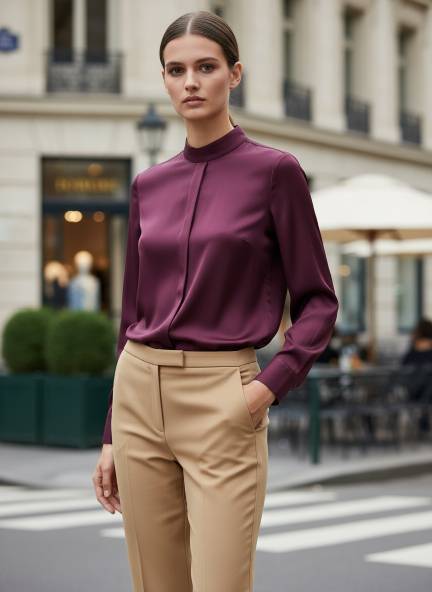 Summer Satin Deep Plum Mandarin Collar Shirt