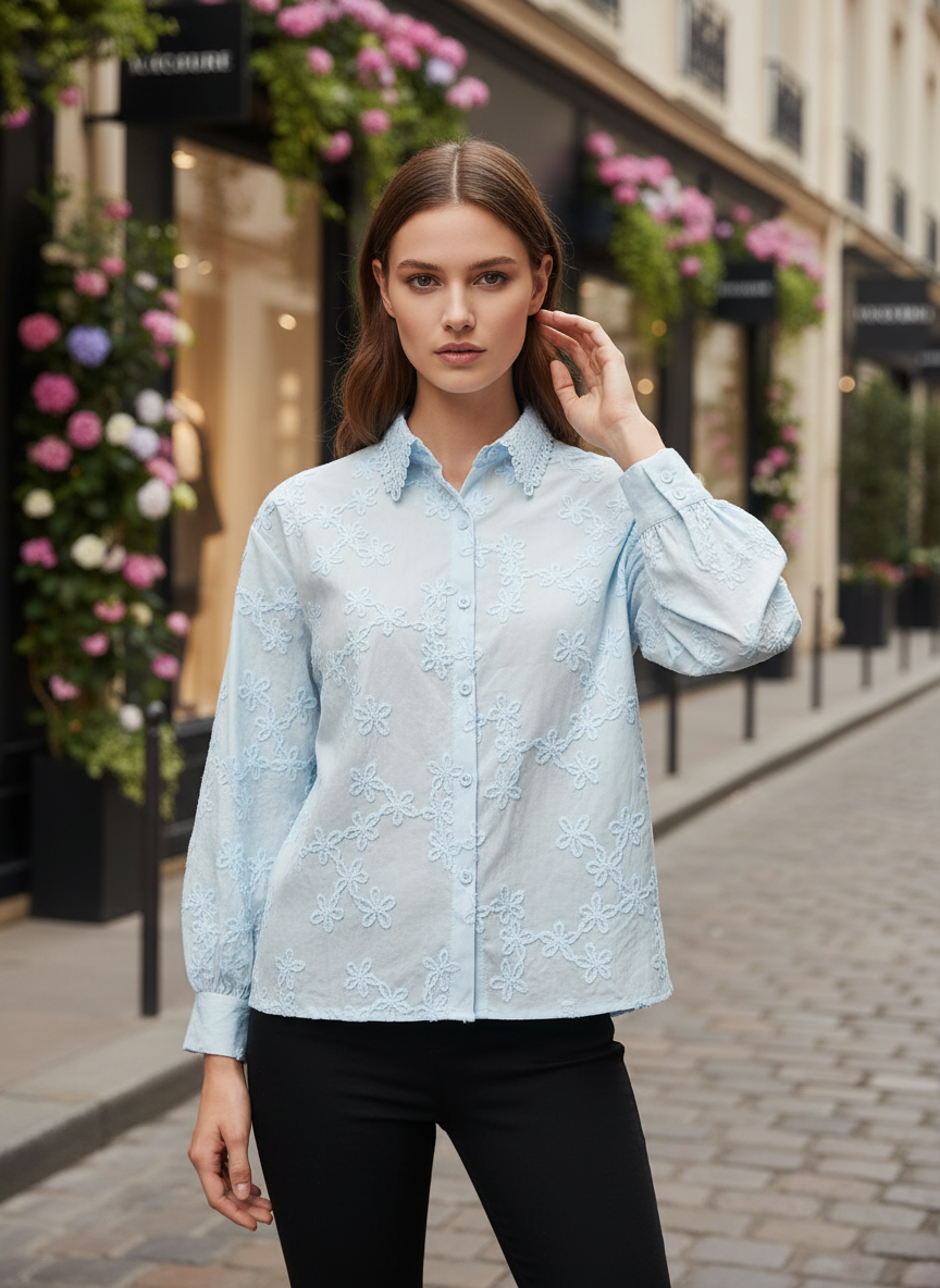 Light Blue Floral Embroidered Women Shirt