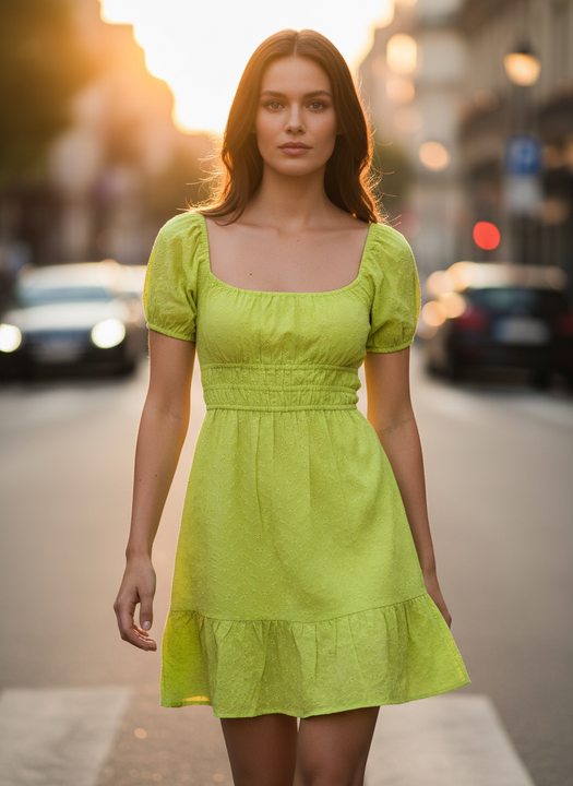 Lime Green Square Neck Puff Sleeve Mini Dress