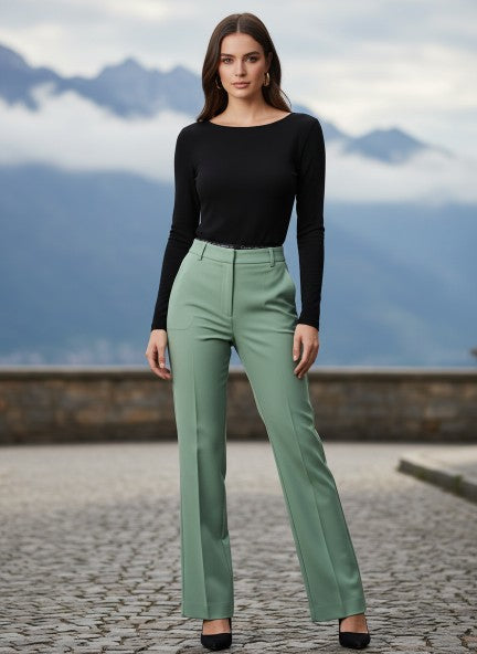 Banana Crepe Sage Green Straight Fit With Flap Pocket Trouser