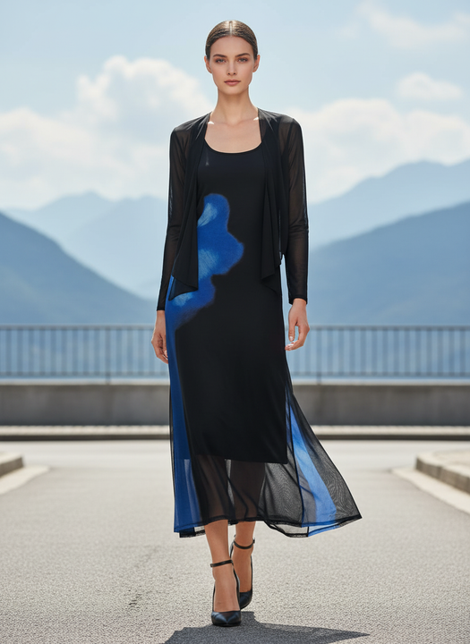 Elegant Black & Blue Sheer Layered Midi Dress for Women
