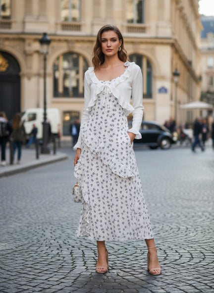 Elegant White Floral Midi Dress with Layered Design & Light Shrug