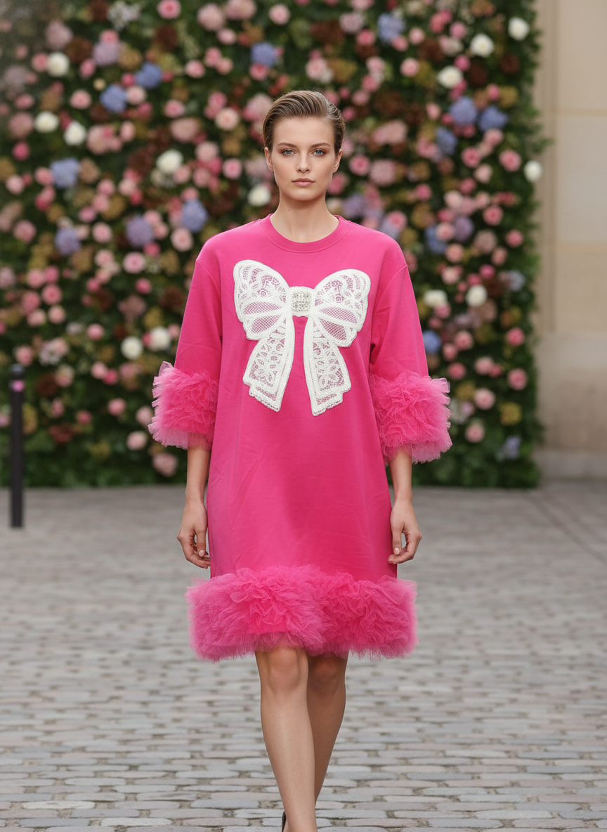 Fuchsia Pink Bow Applique Mini Dress with Tulle Ruffle Details