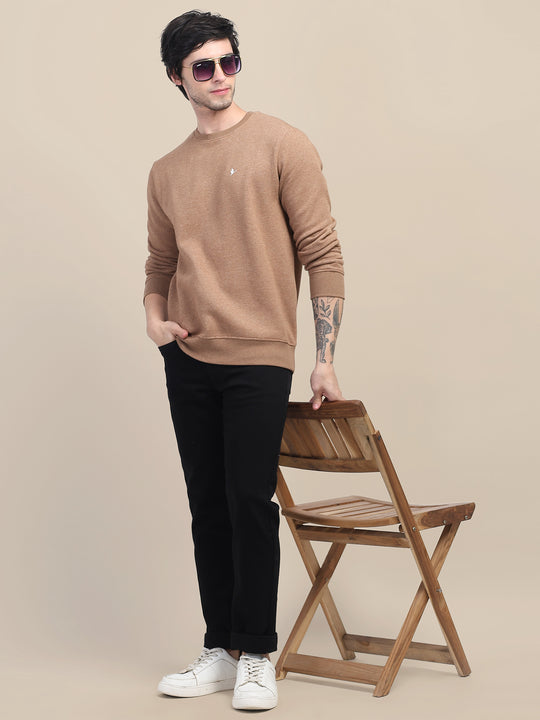 AMSWAN MEN'S BROWN SOLID COMFORT: PREMIUM COTTON SWEATSHIRT FOR TIMELESS STYLE AND COZY ELEGANCE