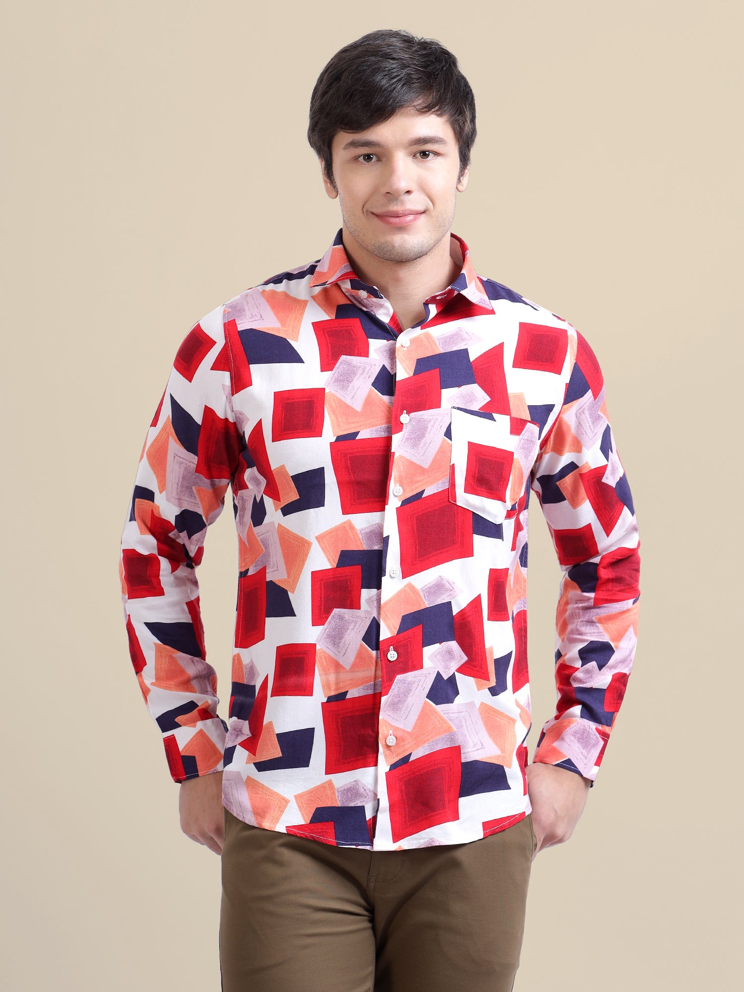 Men'S Premium Rayon Shirt With Red And Blue Print