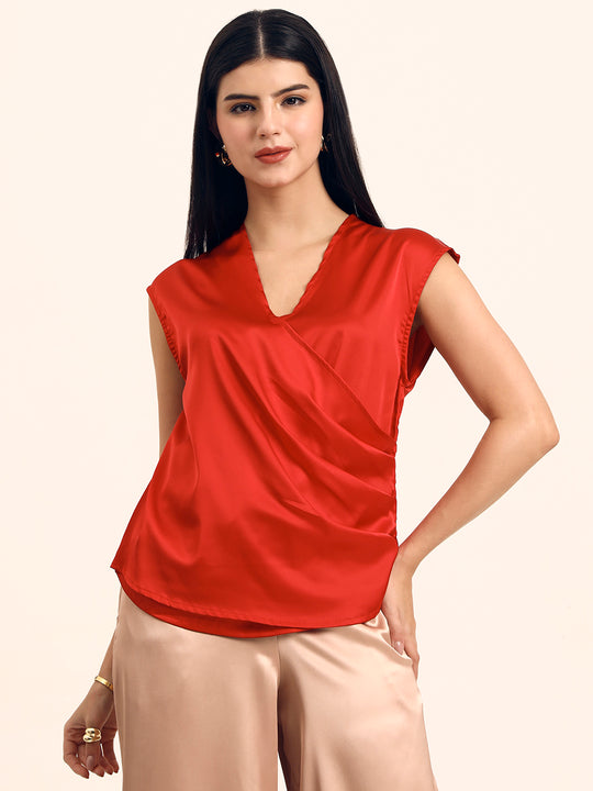 Women's Luxury European Satin V Neck Pleated Sleeveless Top