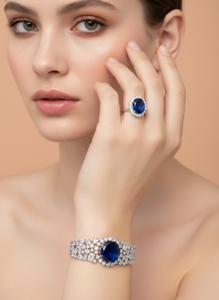 Blue Cubic Zirconia Halo Ring & Tennis Bracelet Set for Women