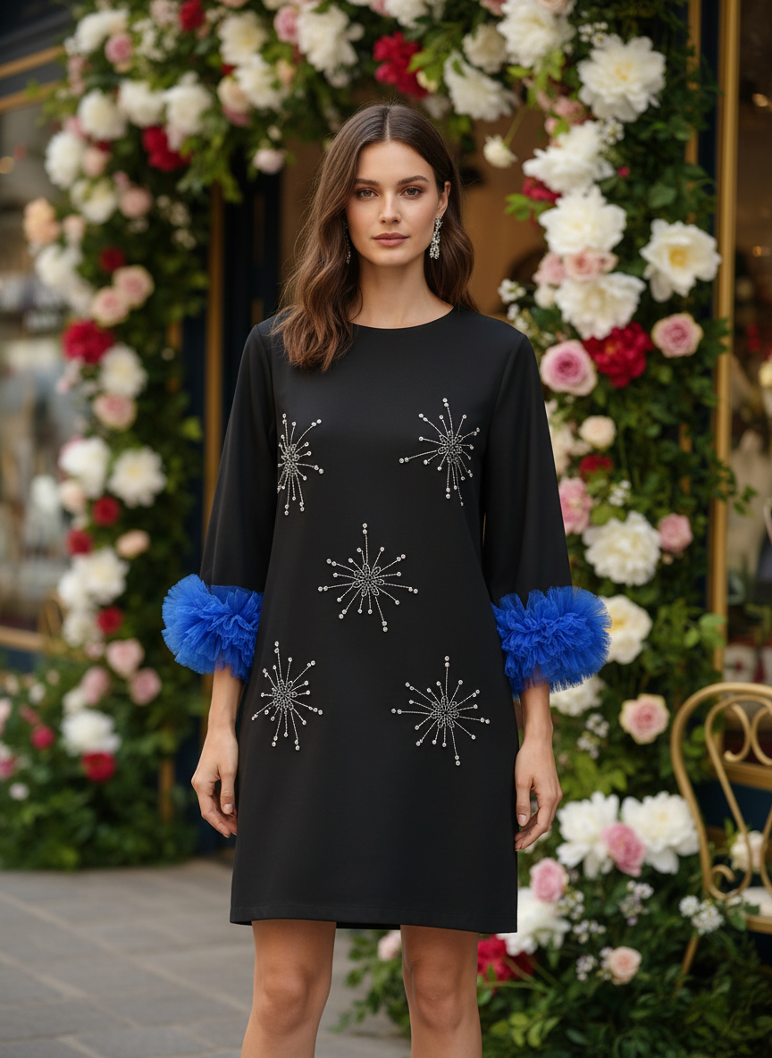 Elegant Black Embellished Shift Dress with Statement Sleeves