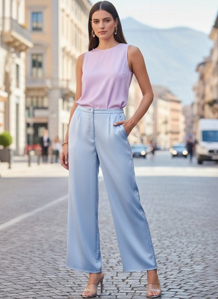European Satin Flared Pleated Trouser
