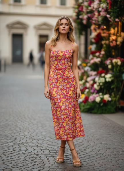 Satin Digital Print  Shoulder Strap Bodycon Maxi Dress With Slash Pocket