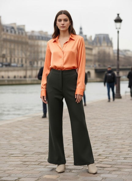 Banana Crepe Olive Flared Trouser With Slash Pocket