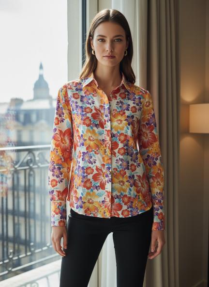 Luxury Muslin Digital Print Puff Sleeve Shirt