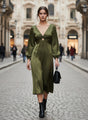 European Satin Midi Dress Olive