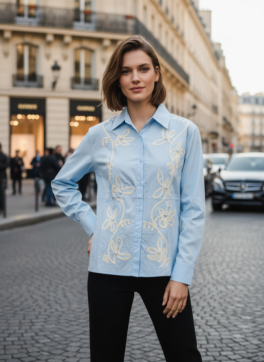 Elegant Sky Blue Embroidered Shirt for Women