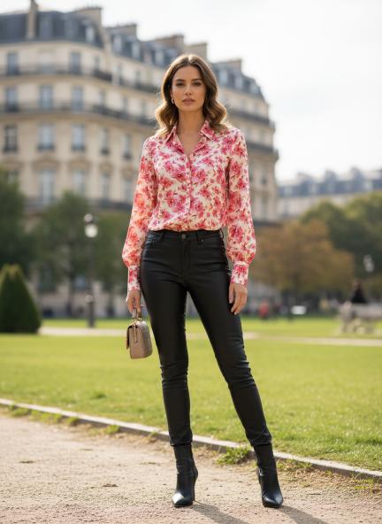 Satin Digital Print Puff Sleeve Shirt