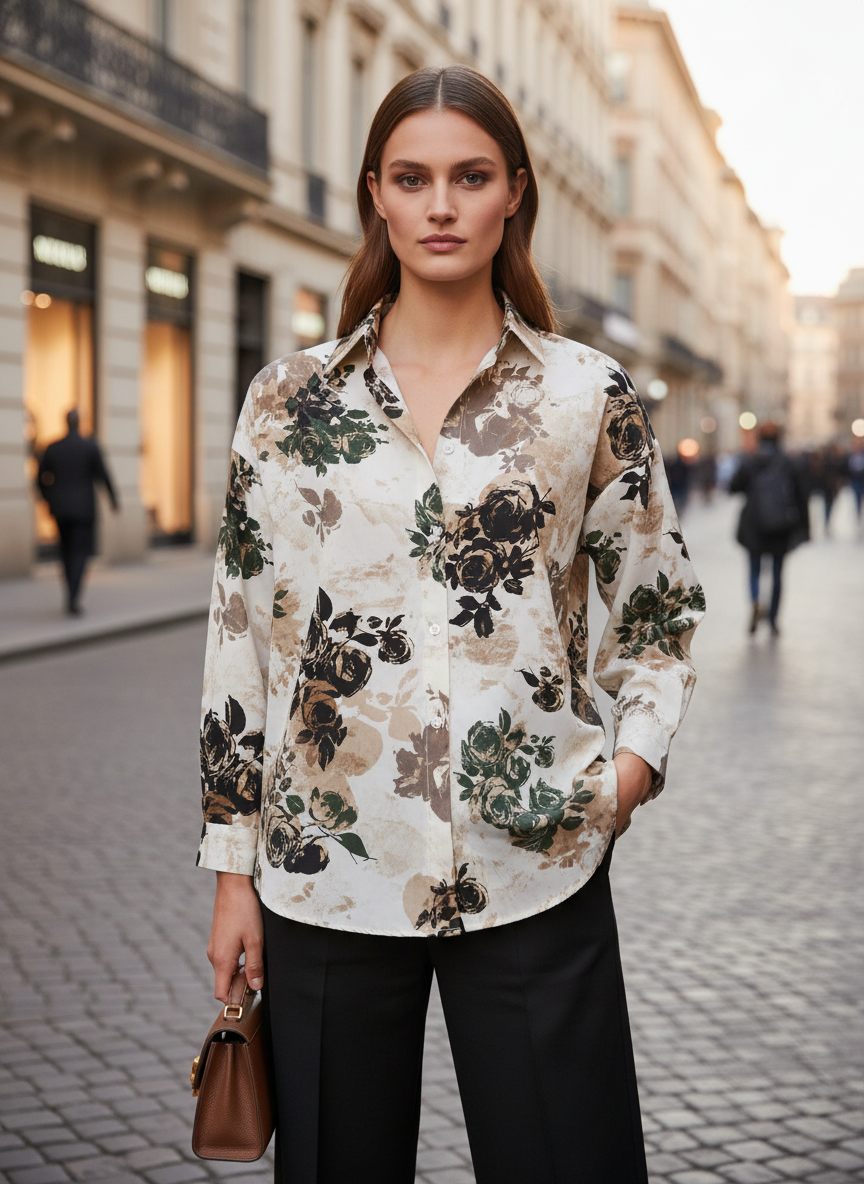 Beige Black Floral Printed Women Shirt
