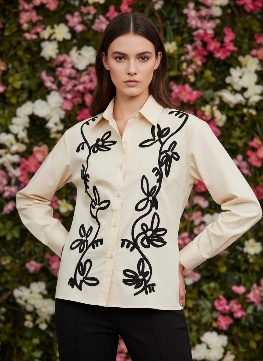 Off White Embroidered Floral Shirt for Women