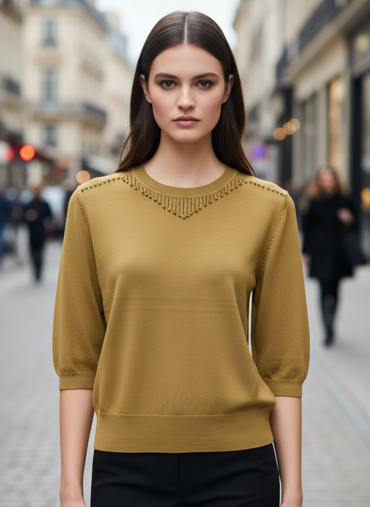 Mustard Green Beaded Neck Knit Top
