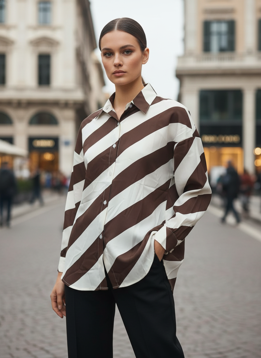 Women Brown & White Diagonal Stripe Button Down Shirt