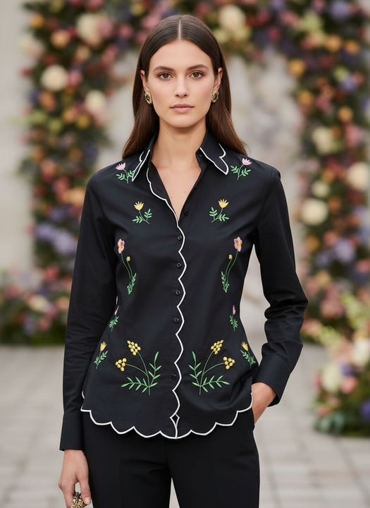 Elegant Black Floral Embroidered Scallop Edge Shirt for Women