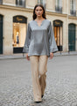 European Satin V Neck Long Sleeve Top